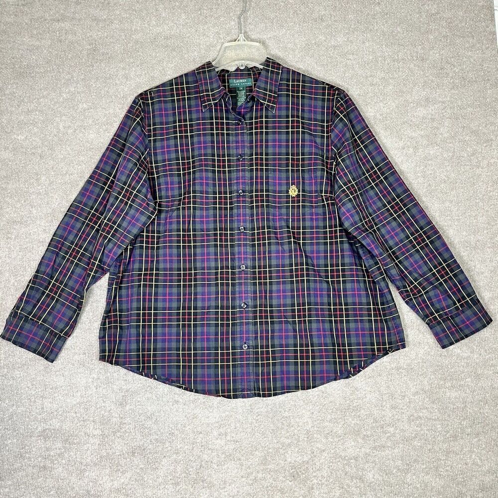 Lauren Ralph Lauren Mens Plaid Blue Button Down Shirt Size 2XL Crest Long Sleeve